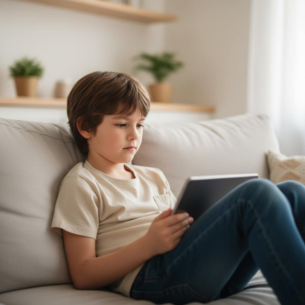 Criança usando tablet com orientação sobre tempo de tela e saúde ocular infantil