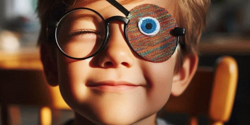 Criança com estrabismo e tampão nos olhos.